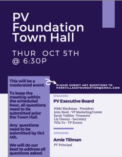 PV Foundation Town Hall Thursday, October 5, 2023, at 6:30 PM  This will be a moderated event. To keep the meeting within the scheduled hour, all questions need to be submitted before the Town Hall. Any questions need to be submitted by October 4. We will do our best to address all questions asked.   Please submit any questions to parkvillagefoundation@gmail.com  Speakers: Amie Tillman - Principal   PV Executive Board Nikki Blackman - President Jenn Reed - VP Marketing/Comm Sarah Valilee - Treasurer Liz Cheney - Secretary Villa Ye - VP Events